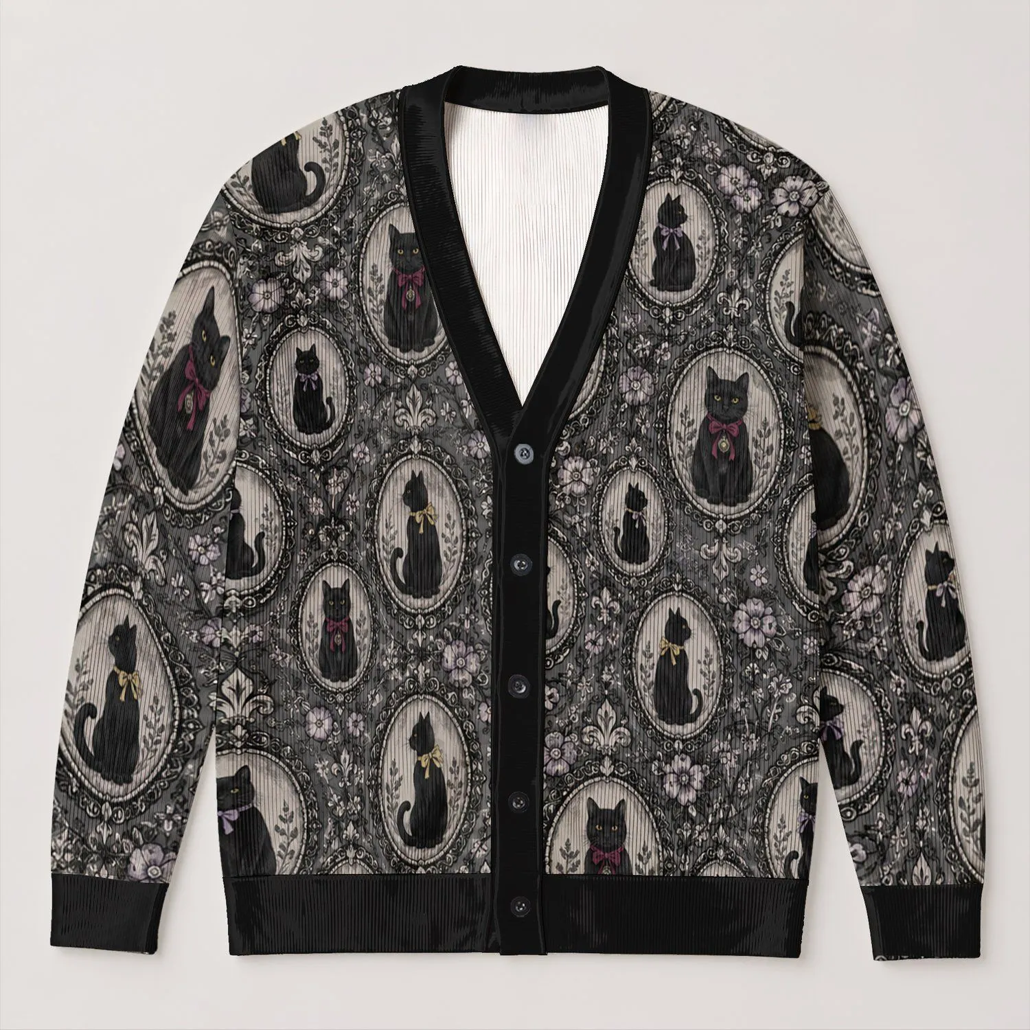 Black Cat Cameo Medallions for Vintage Autumn Evenings and Elegant Everyday Layering All-over Print Knitted Cardigan - 1