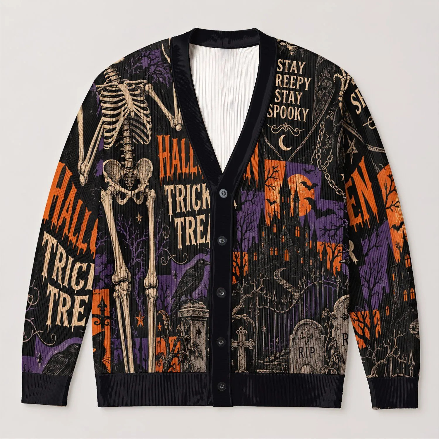 Halloween Skeletons and Spooky Graveyard for Trick-or-Treat Night Celebrations All-over Print Knitted Cardigan - 1