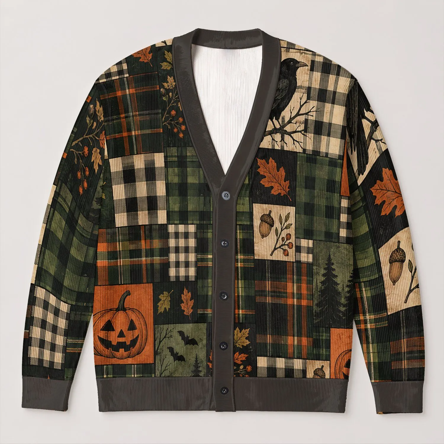 Halloween Raven Moon Pumpkin Patchwork for Spooky Season Gifts and Autumn Style All-over Print Knitted Cardigan - 1