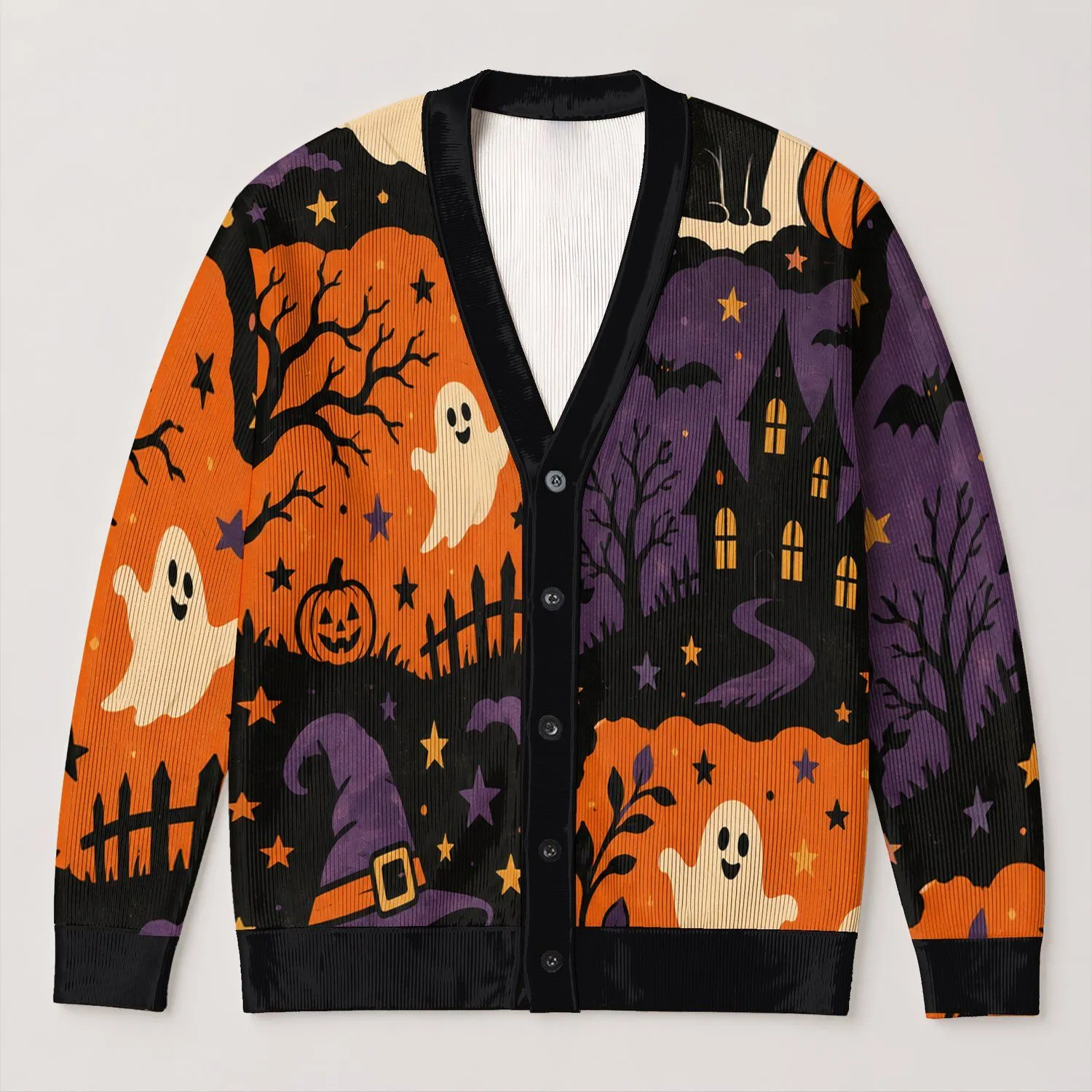 Ghosts, Black Cat and Pumpkin Halloween Scenes for Cozy Autumn Nights and Fall Fun All-over Print Knitted Cardigan - 1