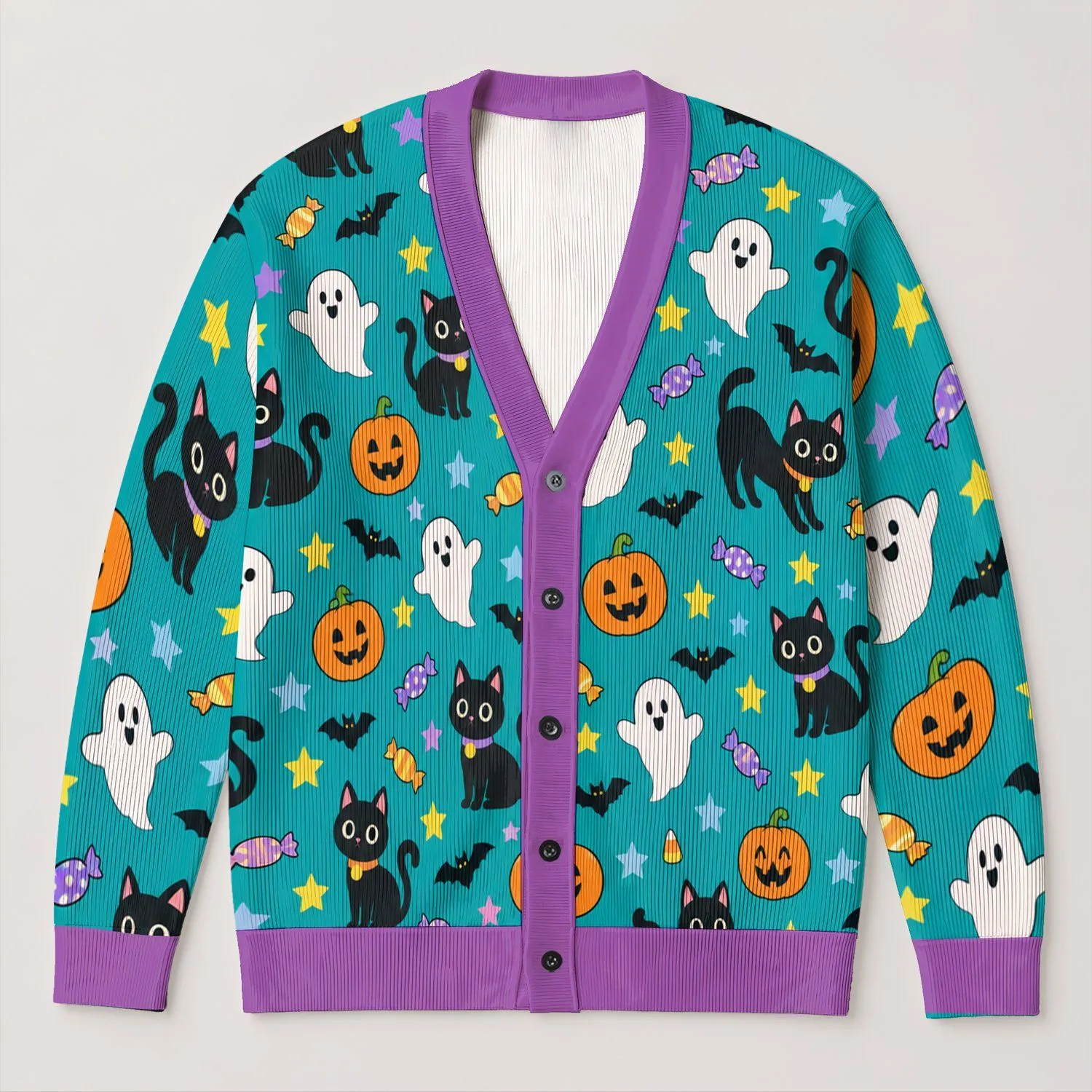 Halloween Pumpkin Ghost Cat Spooky Autumn Style for Fall Celebrations and Parties All-over Print Knitted Cardigan - 1