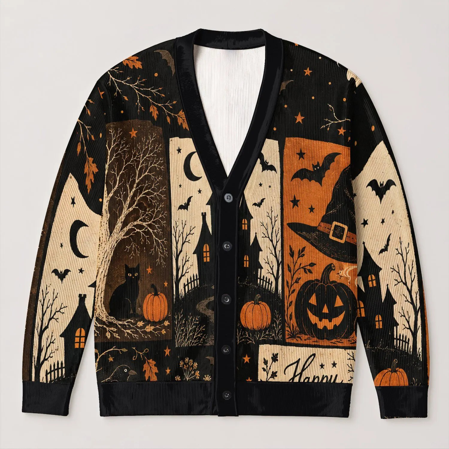 Spooky Ghosts, Haunted House And Pumpkins For Halloween Autumn Nights And Parties All-over Print Knitted Cardigan - 1