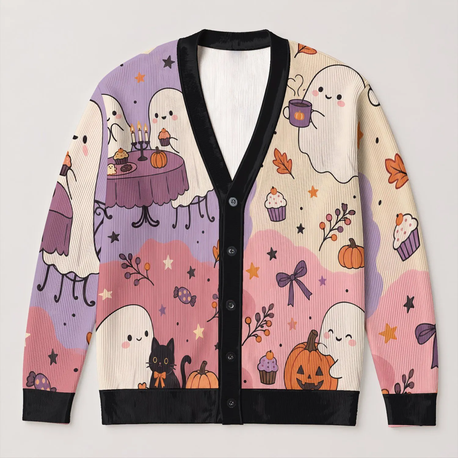 Cute Ghosts, Pumpkins and Spiderwebs for Cozy Halloween Fall Outfits and Gatherings All-over Print Knitted Cardigan - 1