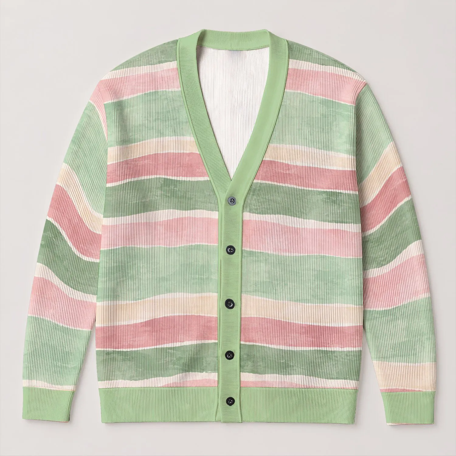Pastel Green and Pink Stripes for Spring Layering and Casual Weekend Style All-over Print Knitted Cardigan - 1
