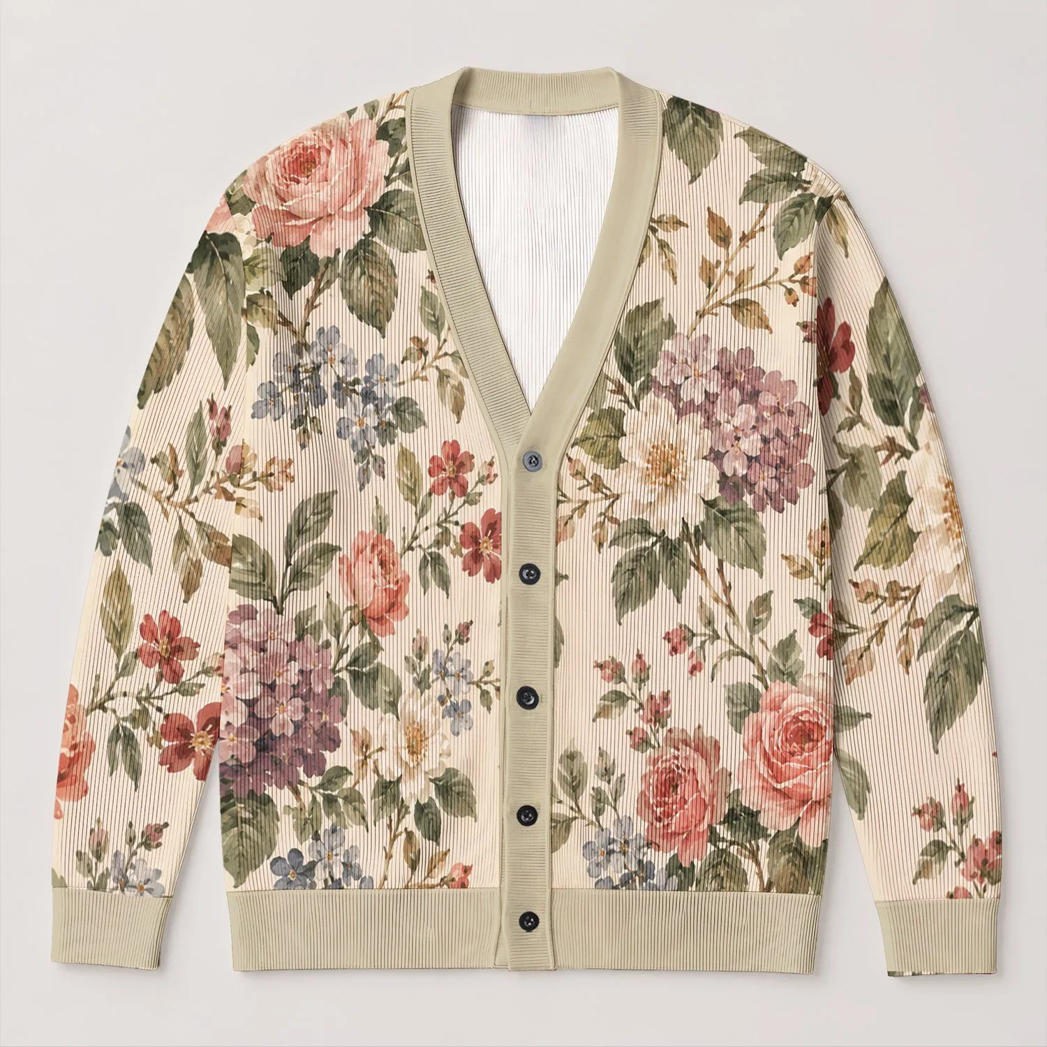 Vintage Cream Floral Blooms For Office Travel And Everyday Bohemian Layering Style All-over Print Knitted Cardigan - 1