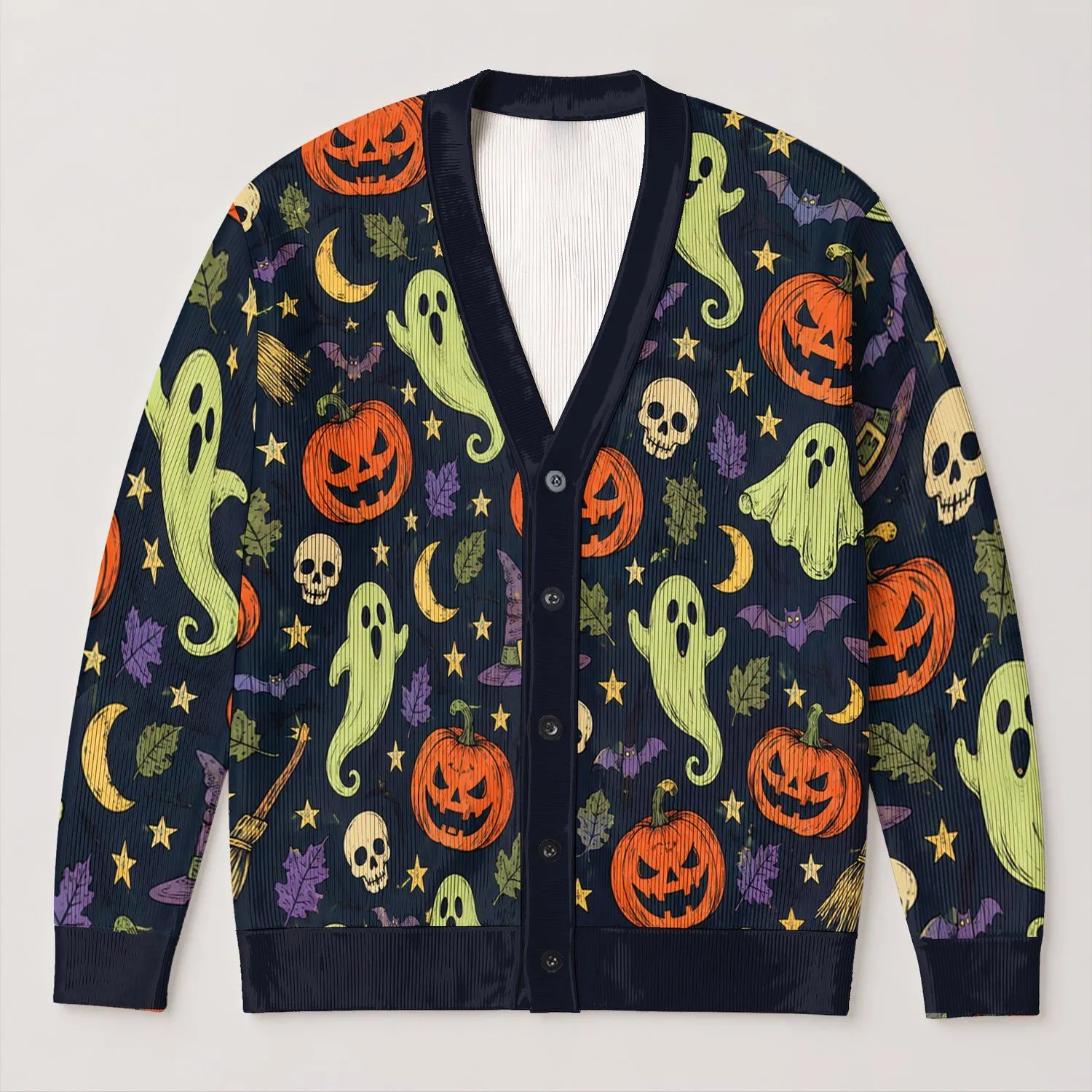 Spooky Ghost Pumpkin Skulls for Autumn Halloween Layering, Women's Seasonal Style All-over Print Knitted Cardigan - 1