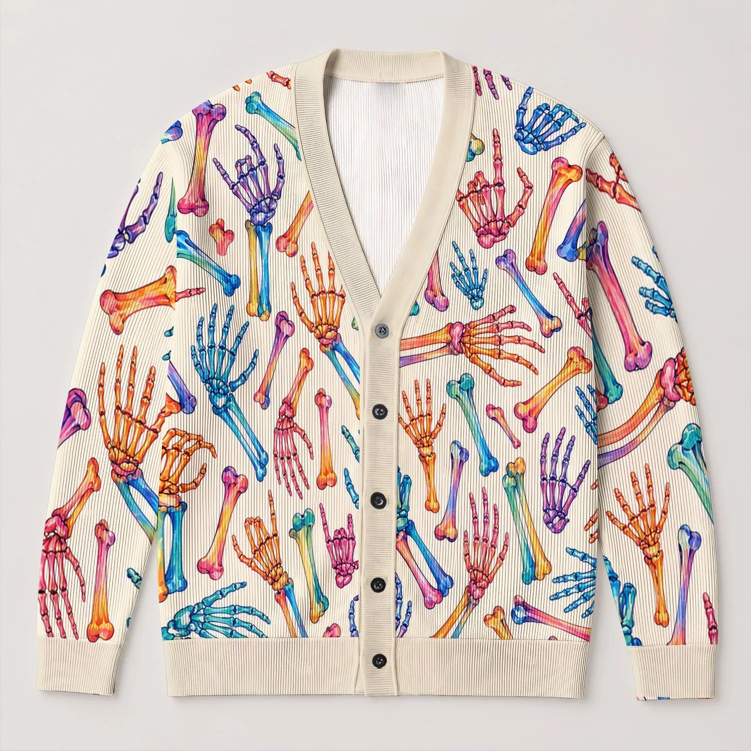 Colorful Skeleton Hand Motifs for Halloween Layering and Everyday Women’s Style All-over Print Knitted Cardigan - 1