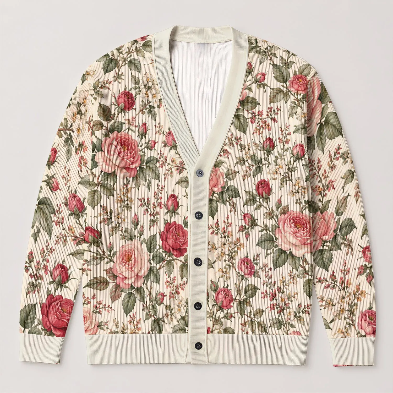 Pink Rose Botanical Floral Layering Style for Spring Autumn Everyday Wear for Women All-over Print Knitted Cardigan - 1
