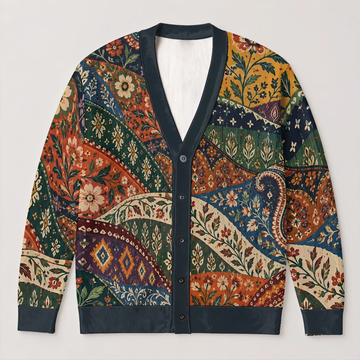 Multicolor Patchwork Motifs for Creative Everyday Layering and Weekend Outfits for Youth All-over Print Knitted Cardigan - 1