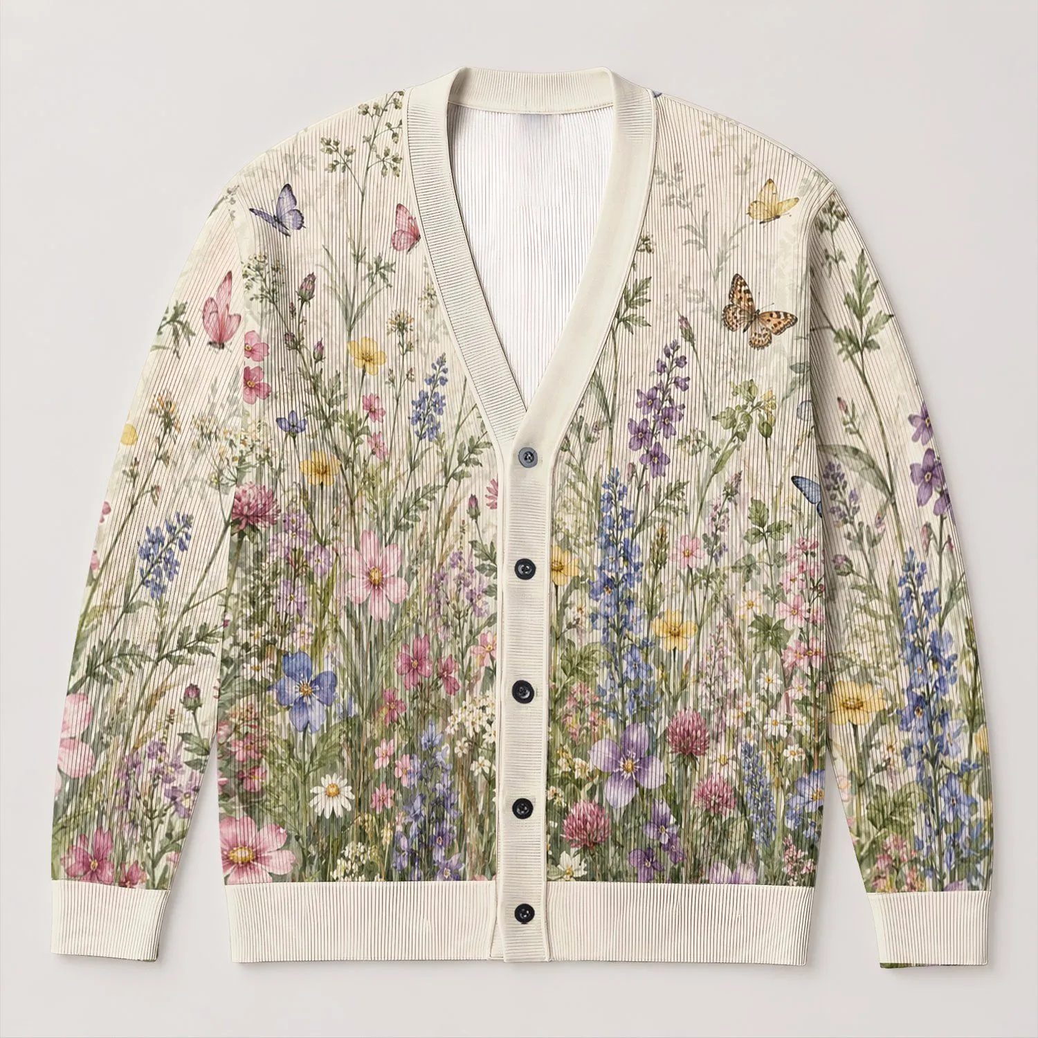 Wildflower Meadow And Fluttering Butterflies For Springtime Days And Youthful Style All-over Print Knitted Cardigan - 1