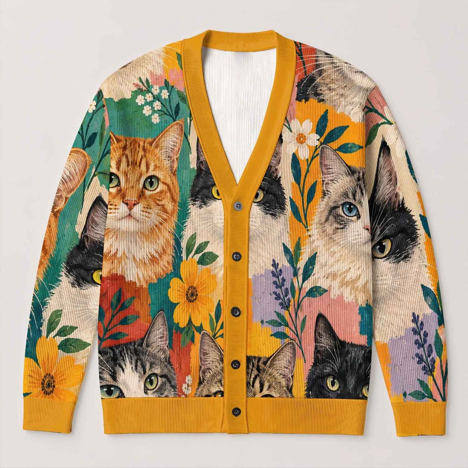 Colorful Cat Faces for Cozy Autumn Layering and Everyday Whimsy for Cat Lovers All-over Print Knitted Cardigan - 1