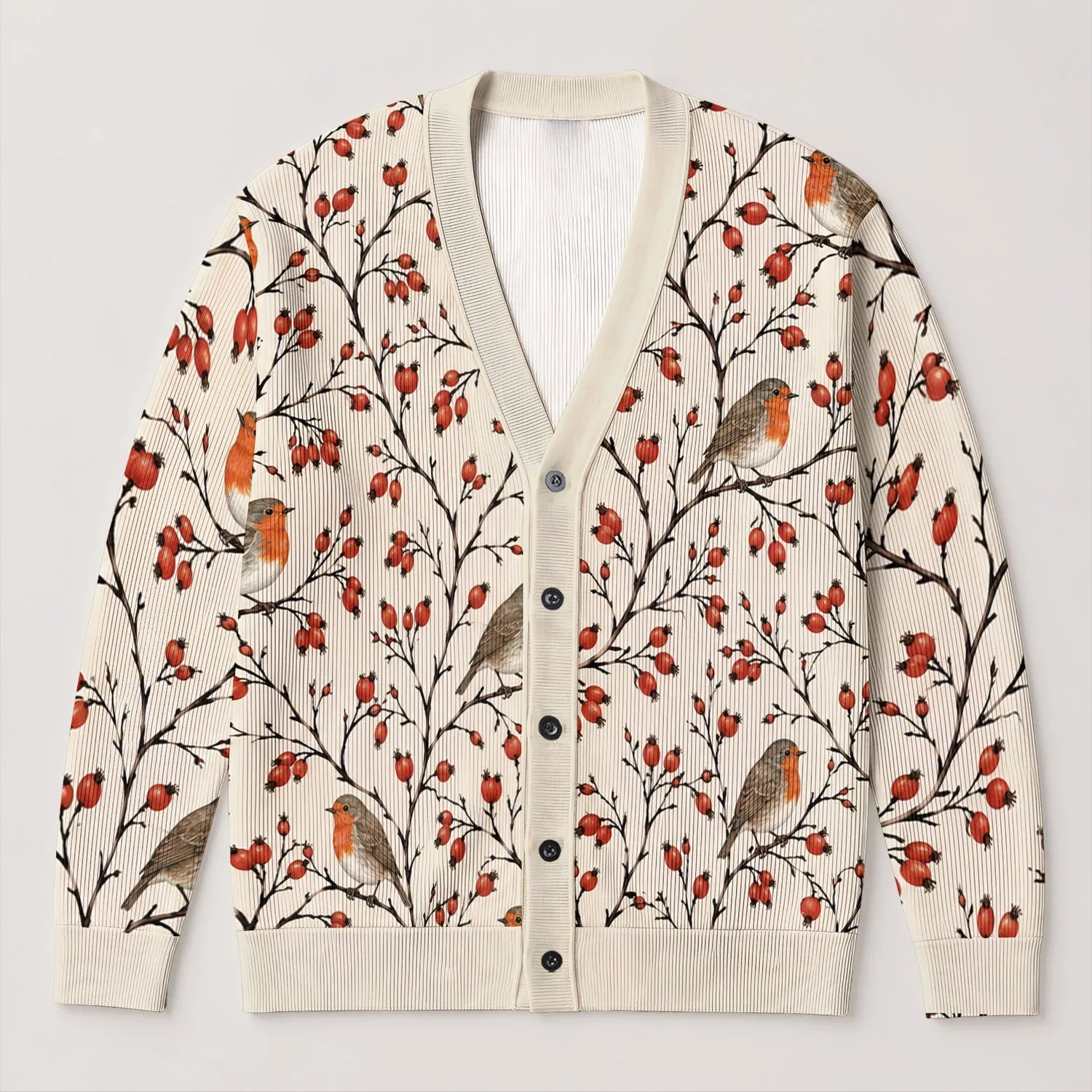 Robin And Rosehip Woodland Motifs For Cozy Everyday Layering And Nature Lovers All-over Print Knitted Cardigan - 1