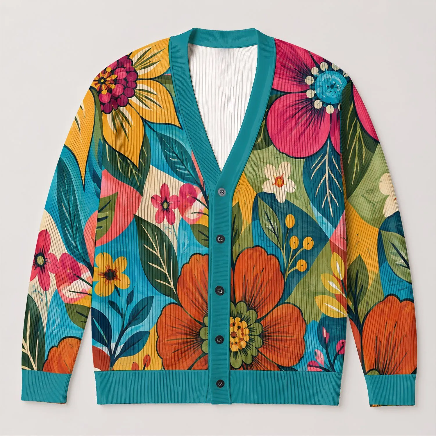 Colorful Folk Floral Blooms for Bright Spring and Summer Everyday Layering All-over Print Knitted Cardigan - 1