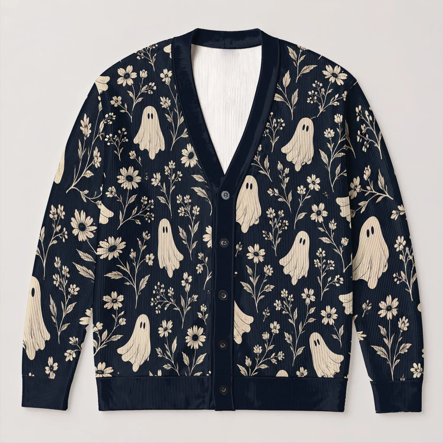 Ghost And Wildflower Motifs For Cozy Autumn Halloween Outings And Everyday Wear All-over Print Knitted Cardigan - 1