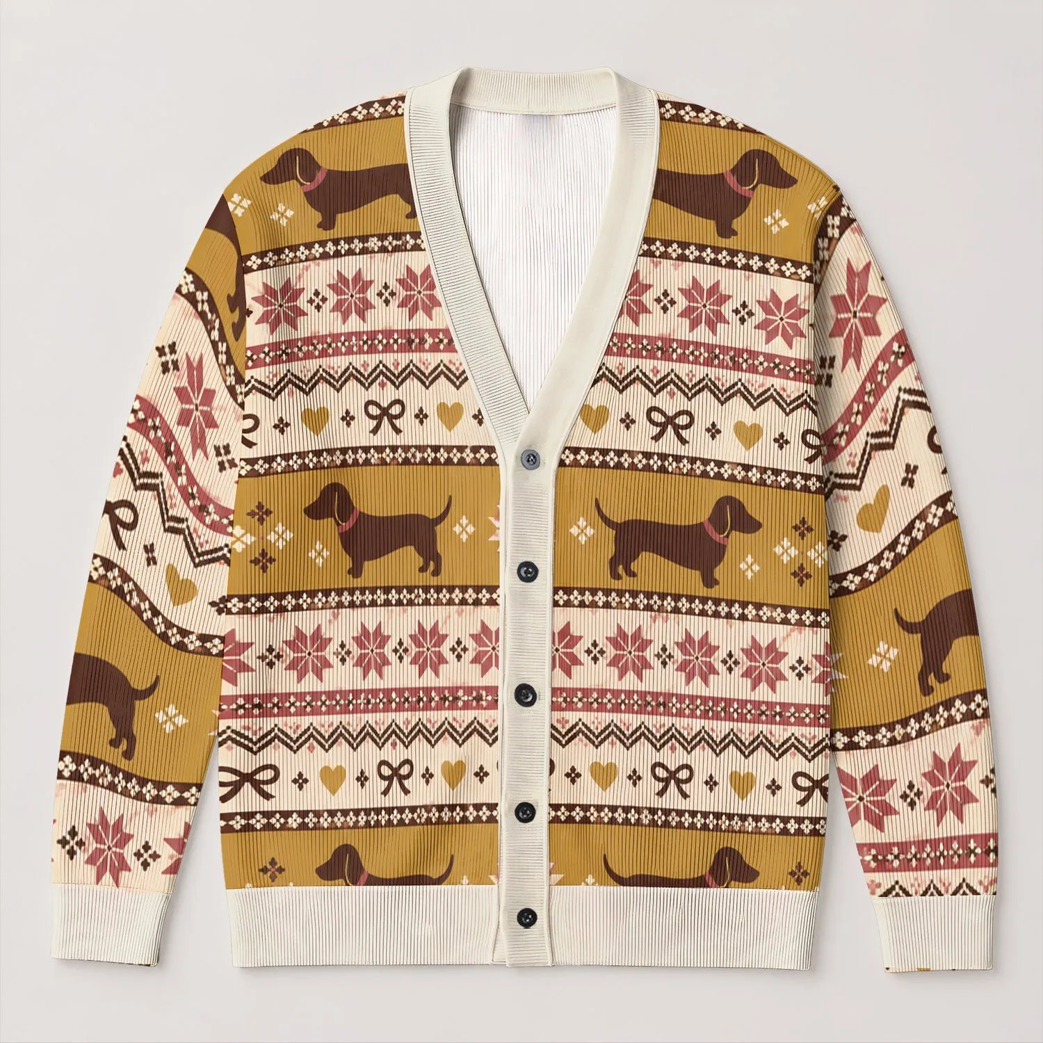 Fair Isle Dachshund Motifs for Cozy Autumn Days and Relaxed Weekend Layering All-over Print Knitted Cardigan - 1