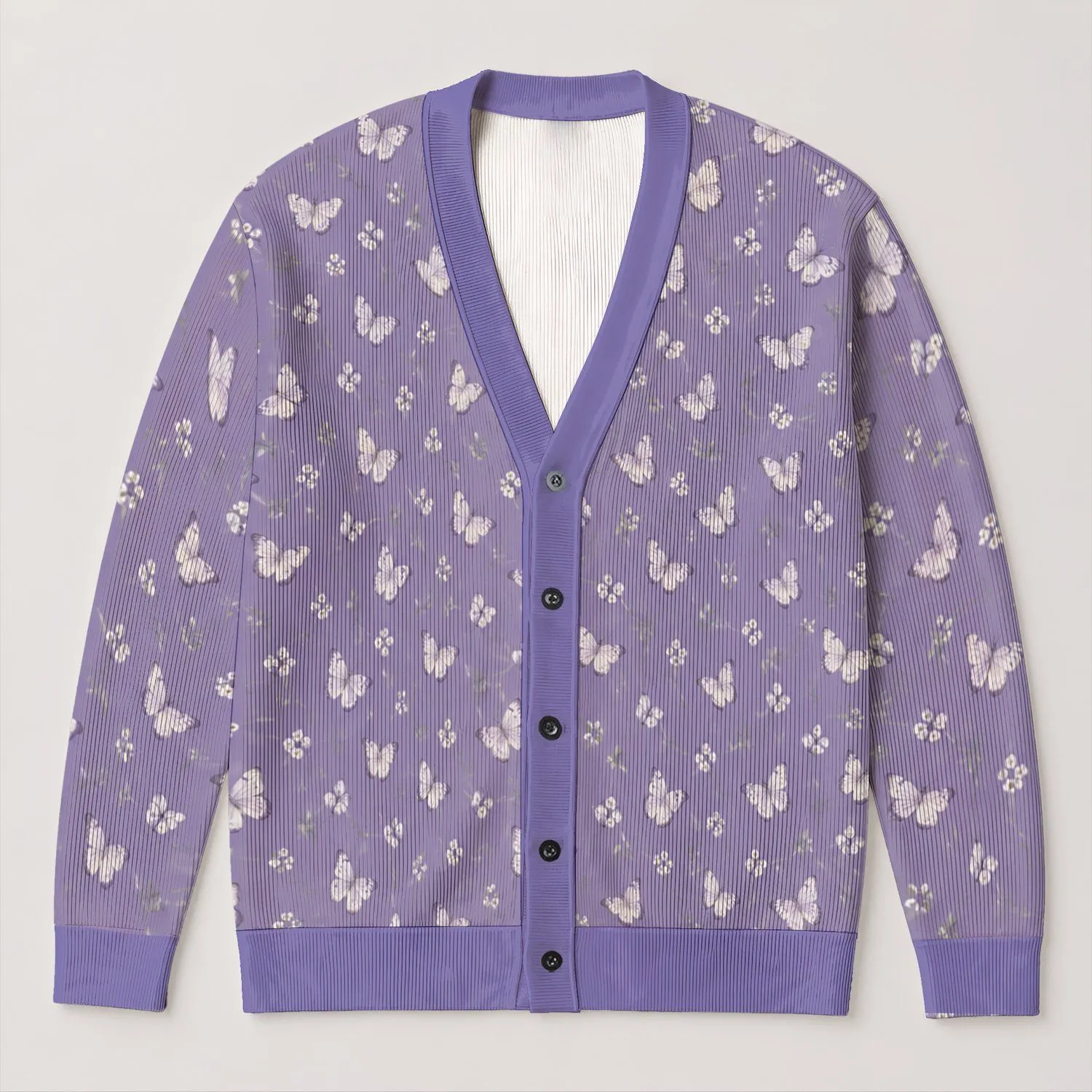 Lavender Butterfly Floral Vintage Style for Everyday Layering and Spring Outings All-over Print Knitted Cardigan - 1