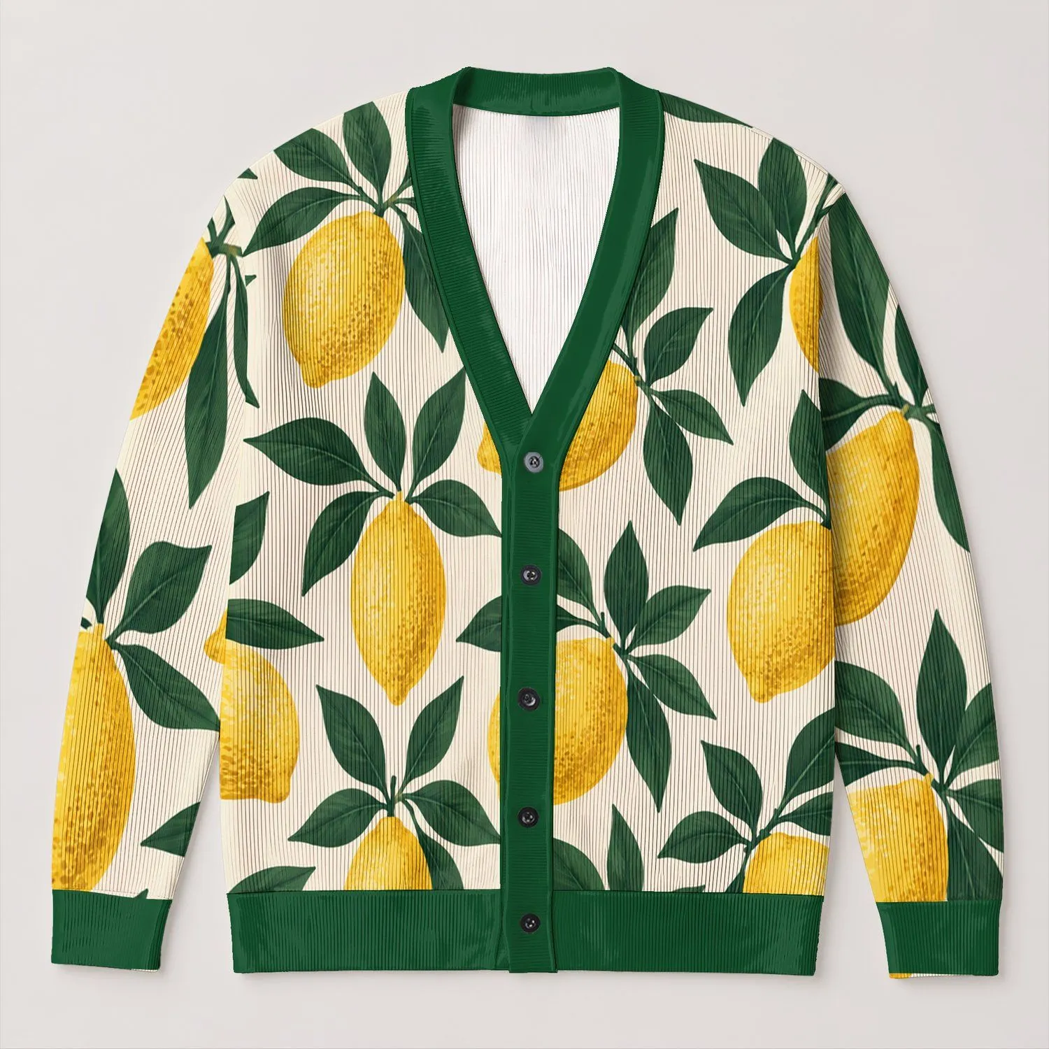 Lemon And Green Leaf Motif For Sunny Weekend Outfits And Fresh Everyday Style Wear All-over Print Knitted Cardigan - 1