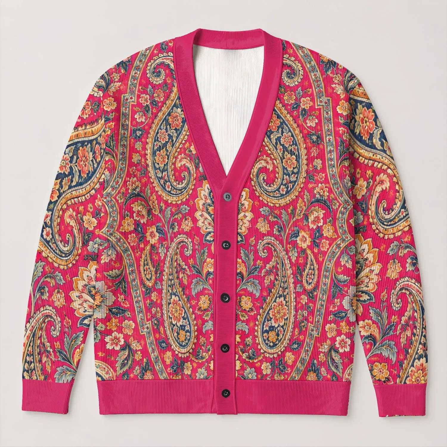 Persian Paisley Garden Tapestry Motifs for Colorful Everyday Layering All-over Print Knitted Cardigan - 1