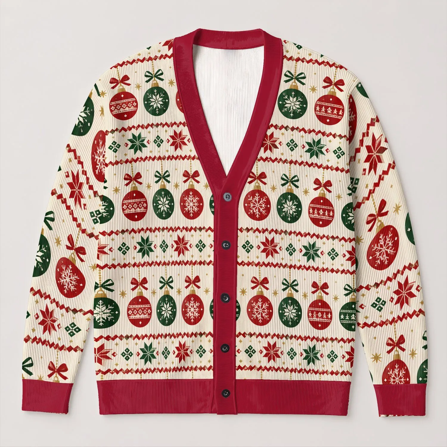 Christmas Bauble and Snowflake Motifs for Festive Holiday Party Celebrations All-over Print Knitted Cardigan - 1