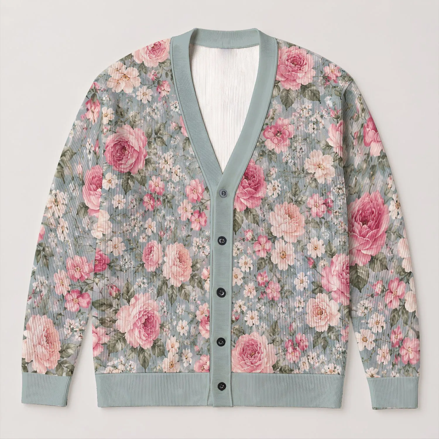 Blue Rose Garden Florals for Everyday Layering and Romantic Youthful Spring Style All-over Print Knitted Cardigan - 1