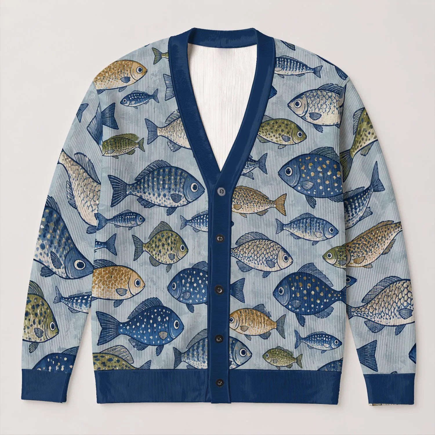 Blue and Folk Fish Motifs for Relaxed Seaside Weekends and Everyday Layering All-over Print Knitted Cardigan - 1
