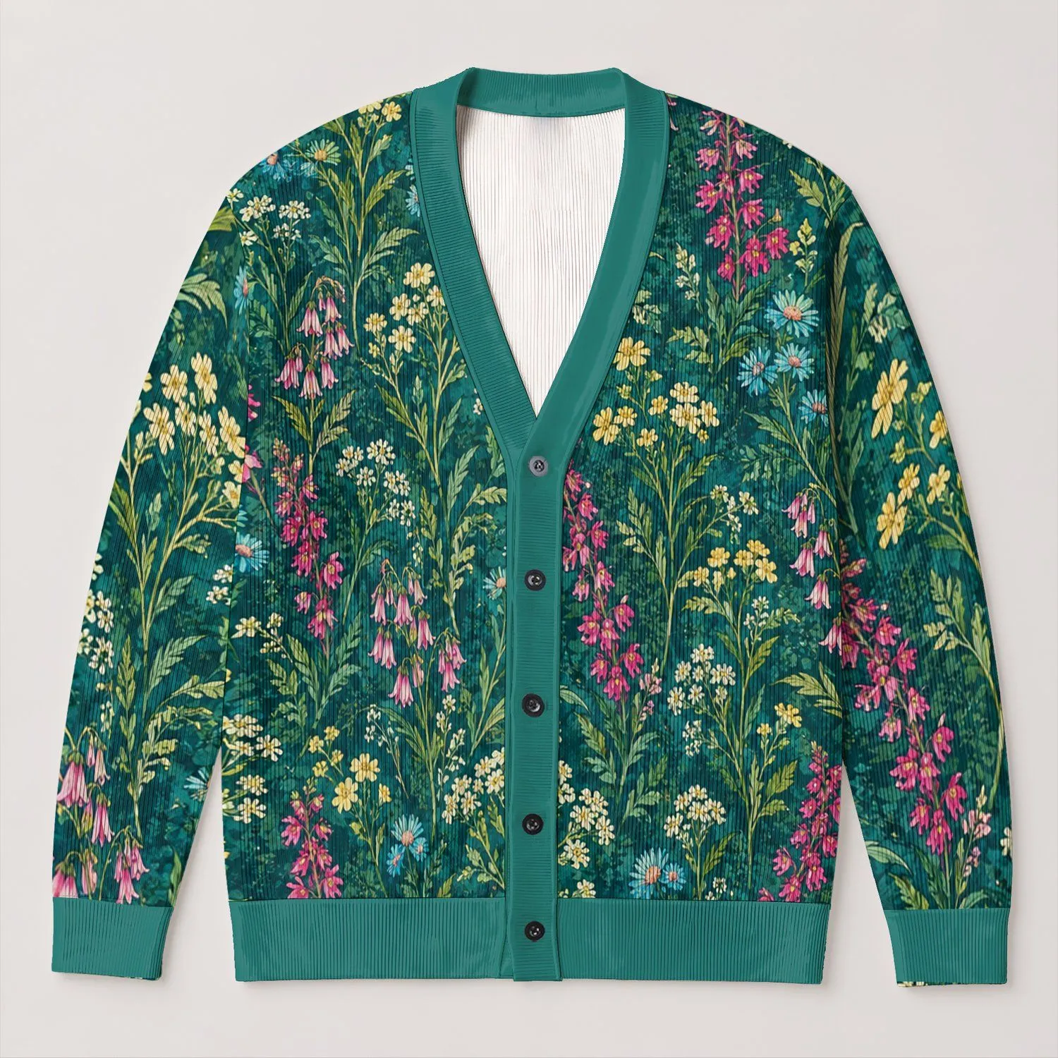 Teal Wildflower Botanical Motif for Relaxed Everyday Layering and Garden Style All-over Print Knitted Cardigan - 1