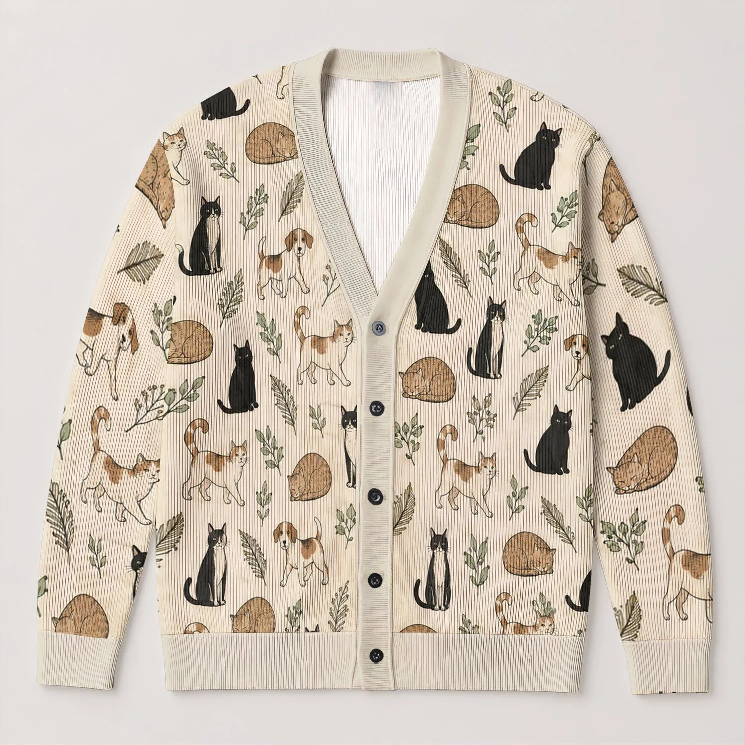 Cats And Dogs With Sage Botanicals For Cozy Everyday Animal Lover Style All-over Print Knitted Cardigan - 1
