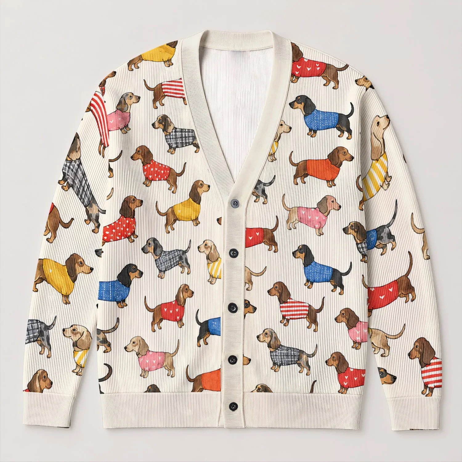Colorful Dachshund Dogs in Cozy Sweaters for Everyday Layering and Dog Lover Style All-over Print Knitted Cardigan - 1