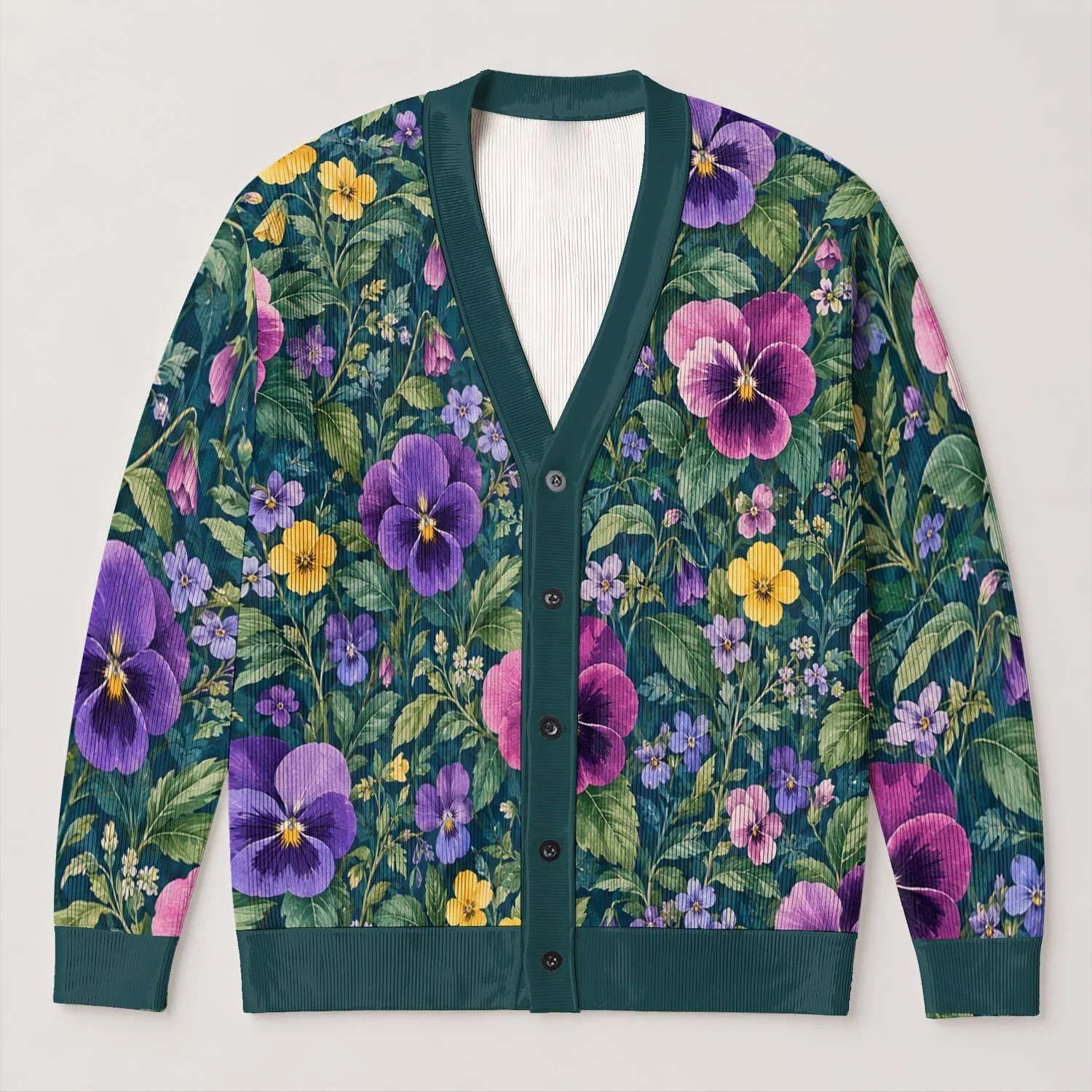 Violet Pansy Garden Florals for Everyday Layering and Relaxed Weekend Outings All-over Print Knitted Cardigan - 1