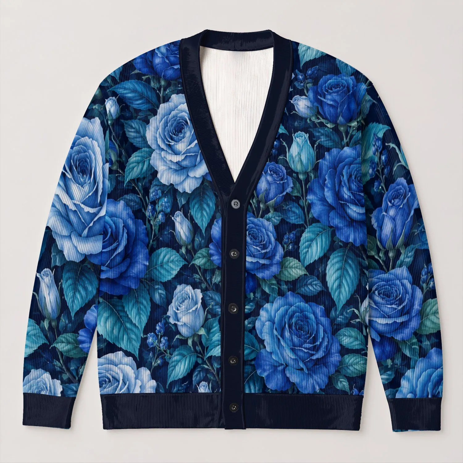 Blue Rose and Teal Foliage Floral Style for Everyday Office and Vacation Wear All-over Print Knitted Cardigan - 1