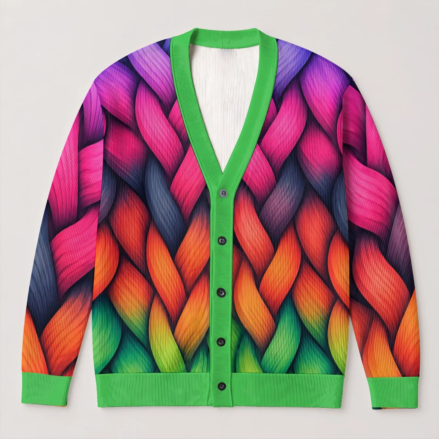 Colorful Braided Cable Motifs for Cozy Autumn Winter Layering All-over Print Knitted Cardigan - 1