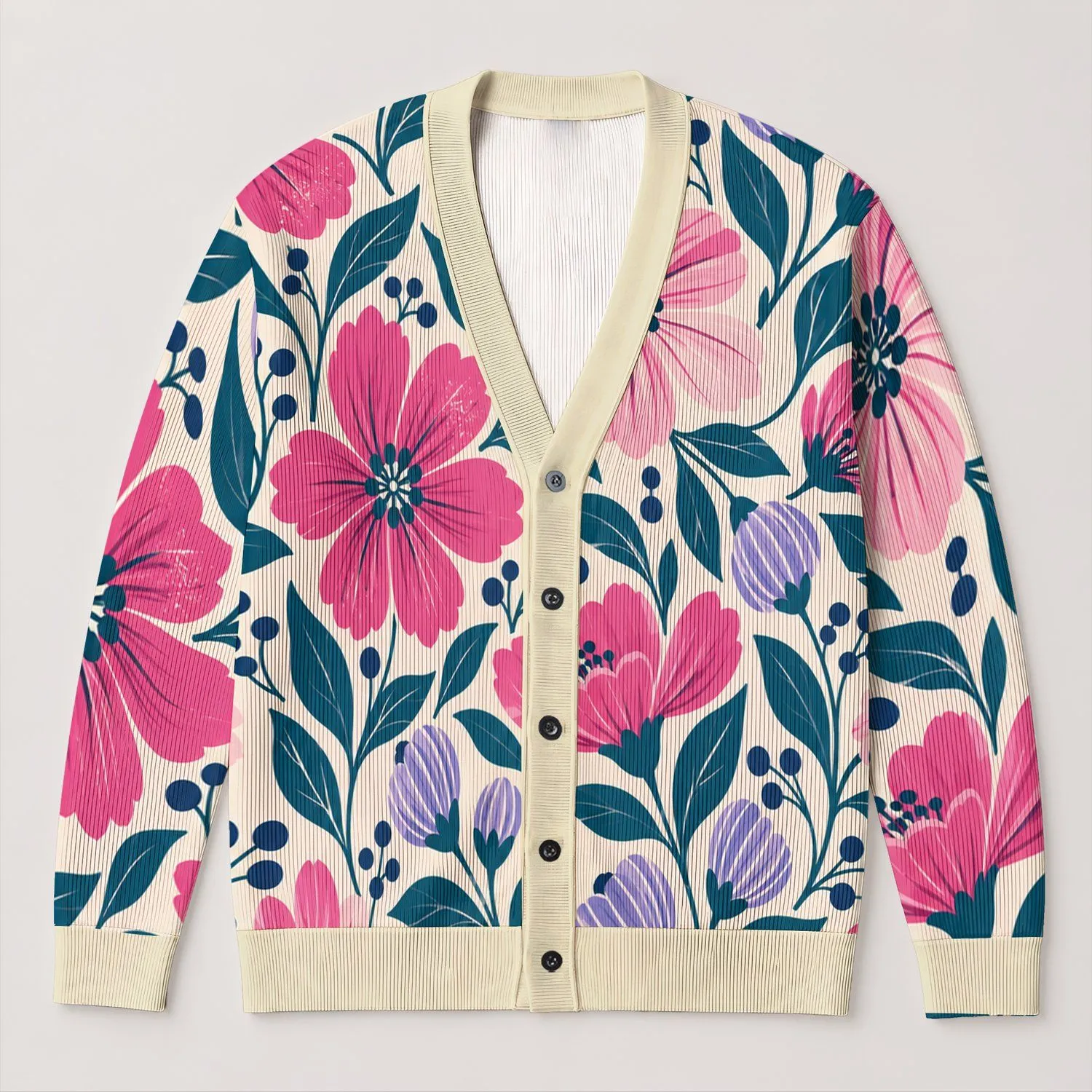 Retro Pink And Blue Wildflowers For Colorful Everyday Layering And Relaxed Style Looks All-over Print Knitted Cardigan - 1