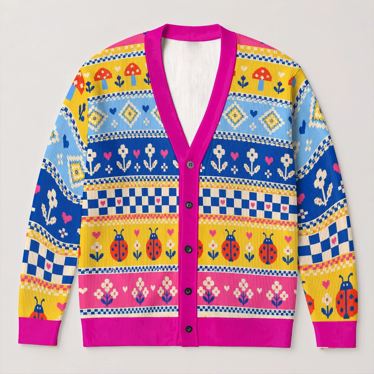 Ladybug Mushroom Fair Isle Motifs for Whimsical Everyday Layering and Spring Outings All-over Print Knitted Cardigan - 1