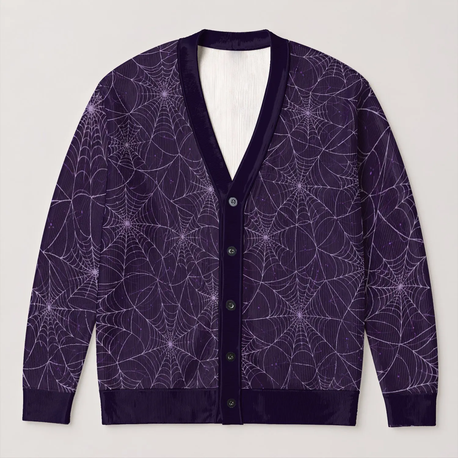 Dark Purple Spiderwebs for Halloween Parties and Spooky Season Outings All-over Print Knitted Cardigan - 1
