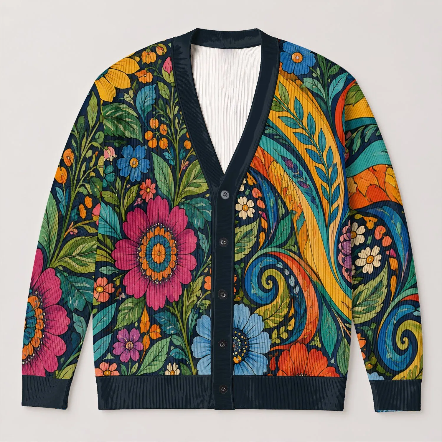 Colorful Folk Floral Blooms for Creative Everyday Layering and Artsy Outfits All-over Print Knitted Cardigan - 1