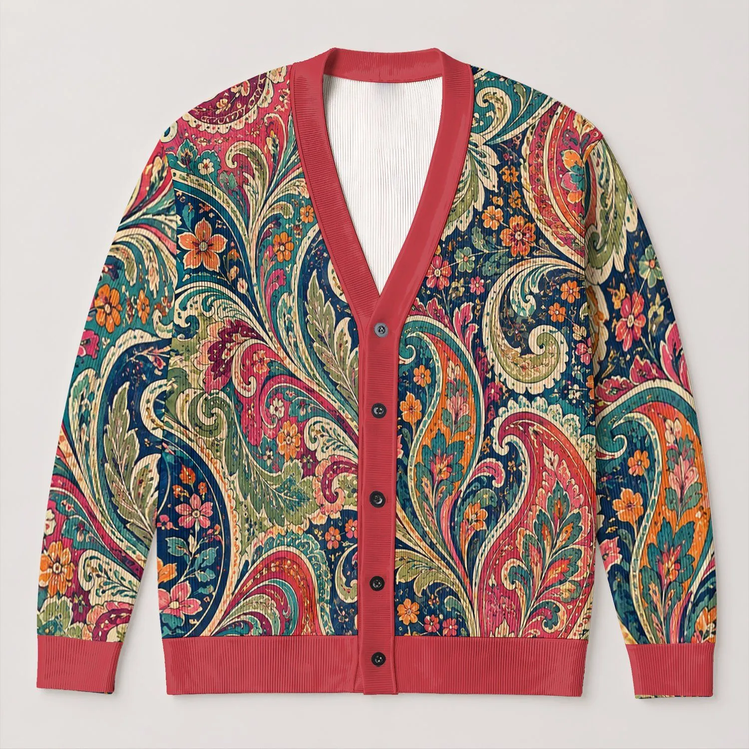 Colorful Bohemian Paisley Scrolls For Relaxed Everyday Layering And Festival Style All-over Print Knitted Cardigan - 1