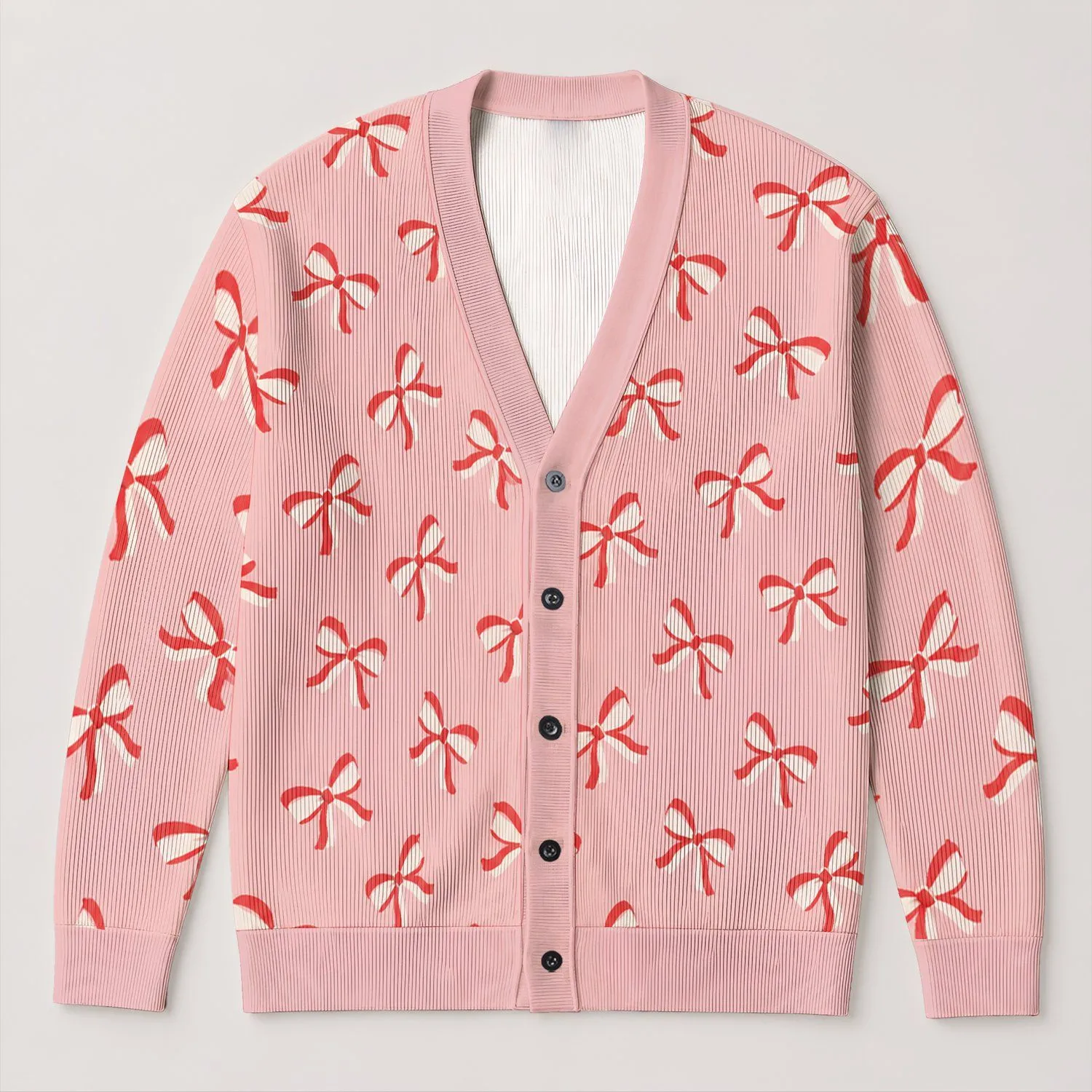 Coral And Ivory Bow Motif For Cozy Fall And Winter Everyday Style All-over Print Knitted Cardigan - 1