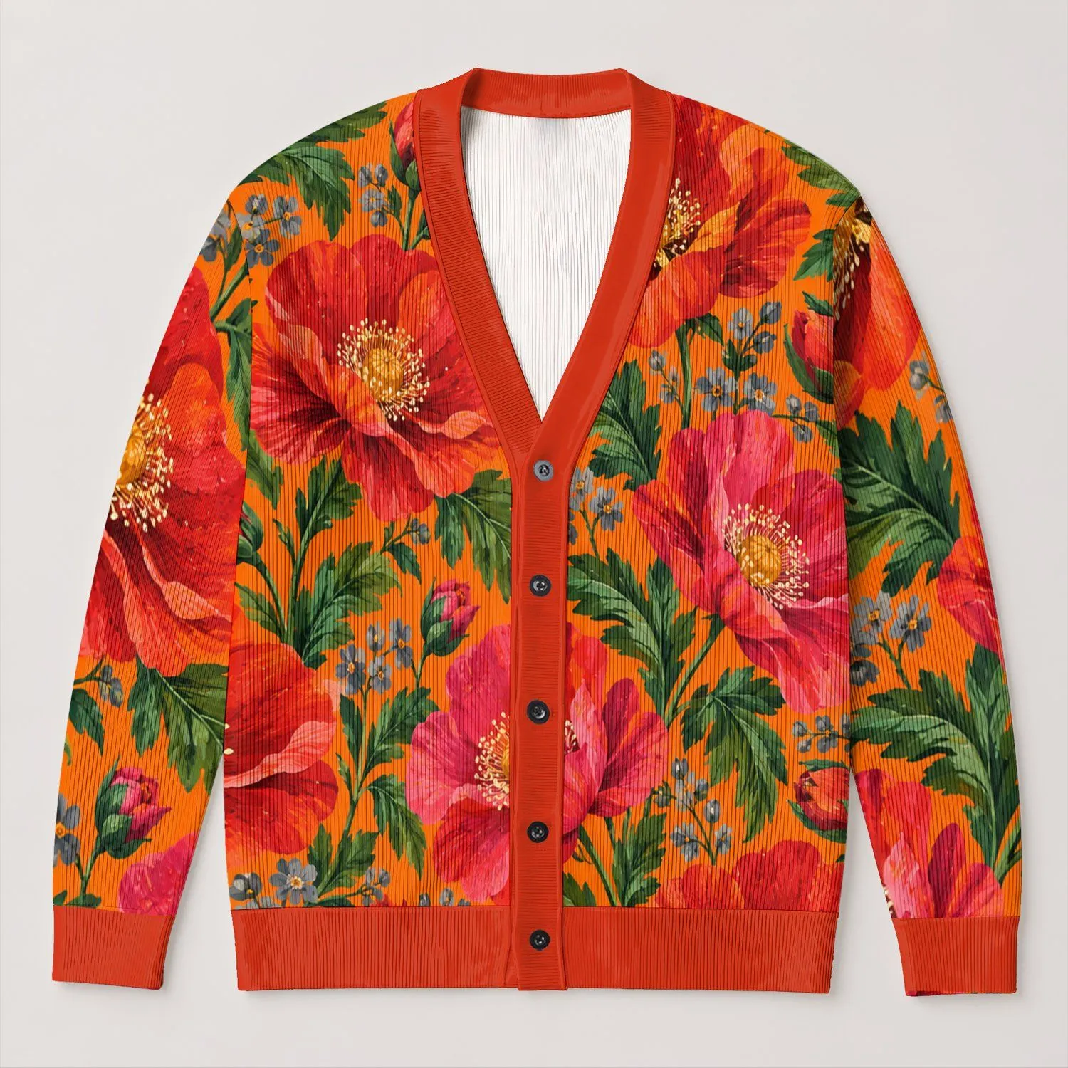 Vibrant Orange Poppy Flowers for Colorful Everyday Layering and Garden-Inspired Style All-over Print Knitted Cardigan - 1
