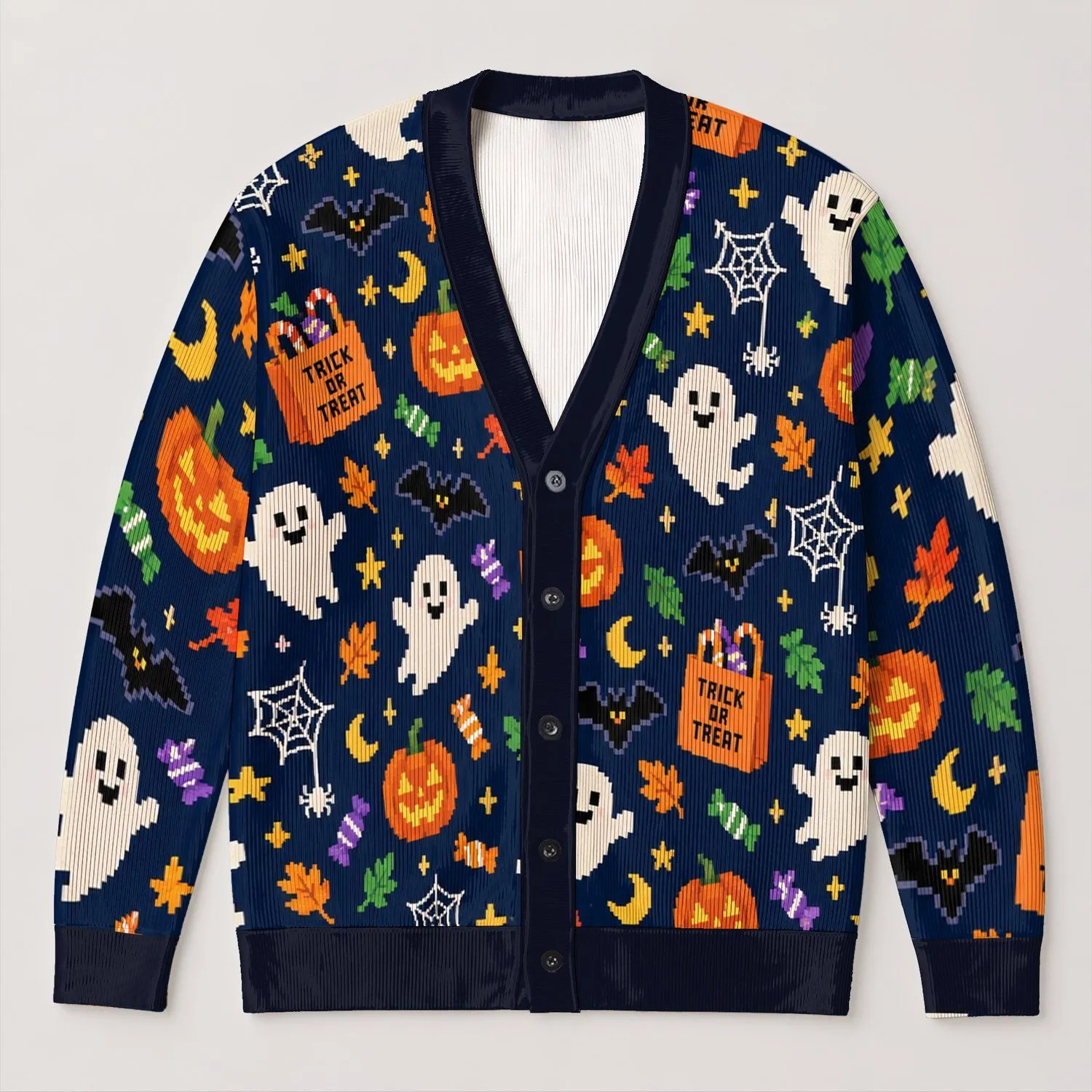 Halloween Ghost Pumpkin Motifs for Cozy Autumn Celebrations and Festive Seasonal Style All-over Print Knitted Cardigan - 1