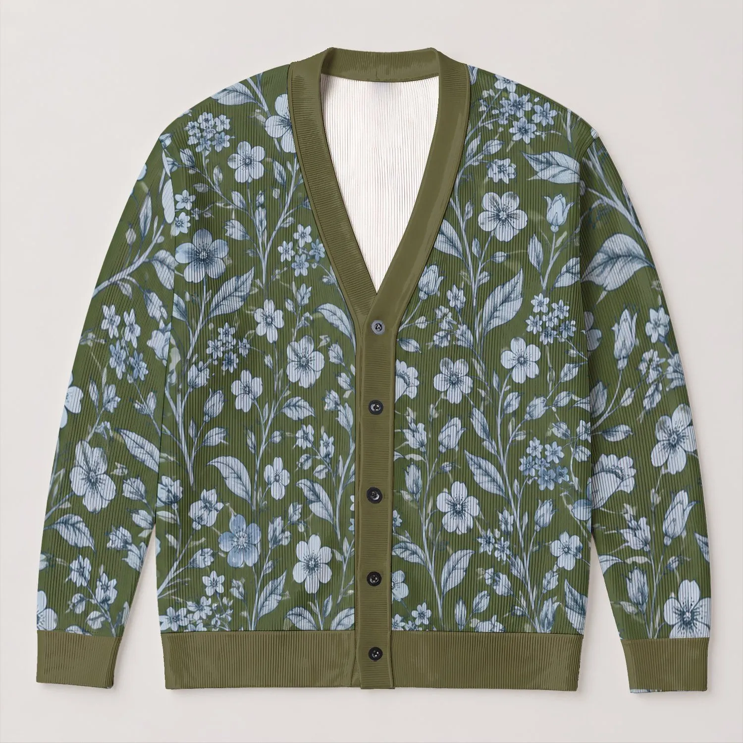 Olive Blue Botanical Foliage for Cozy Autumn Layering and Everyday Garden Style All-over Print Knitted Cardigan - 1