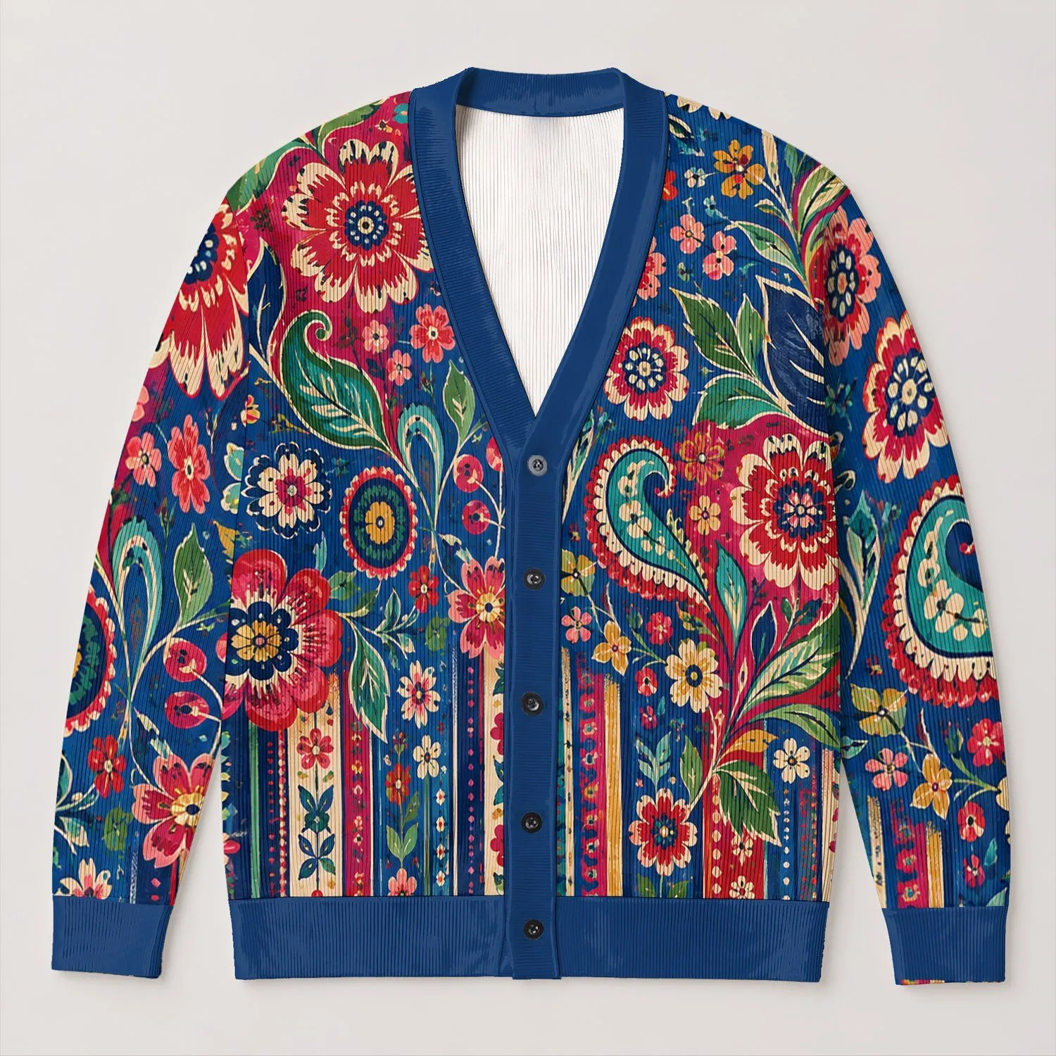 Colorful Folk Floral and Striped Textile Motifs for Everyday Autumn Layering All-over Print Knitted Cardigan - 1