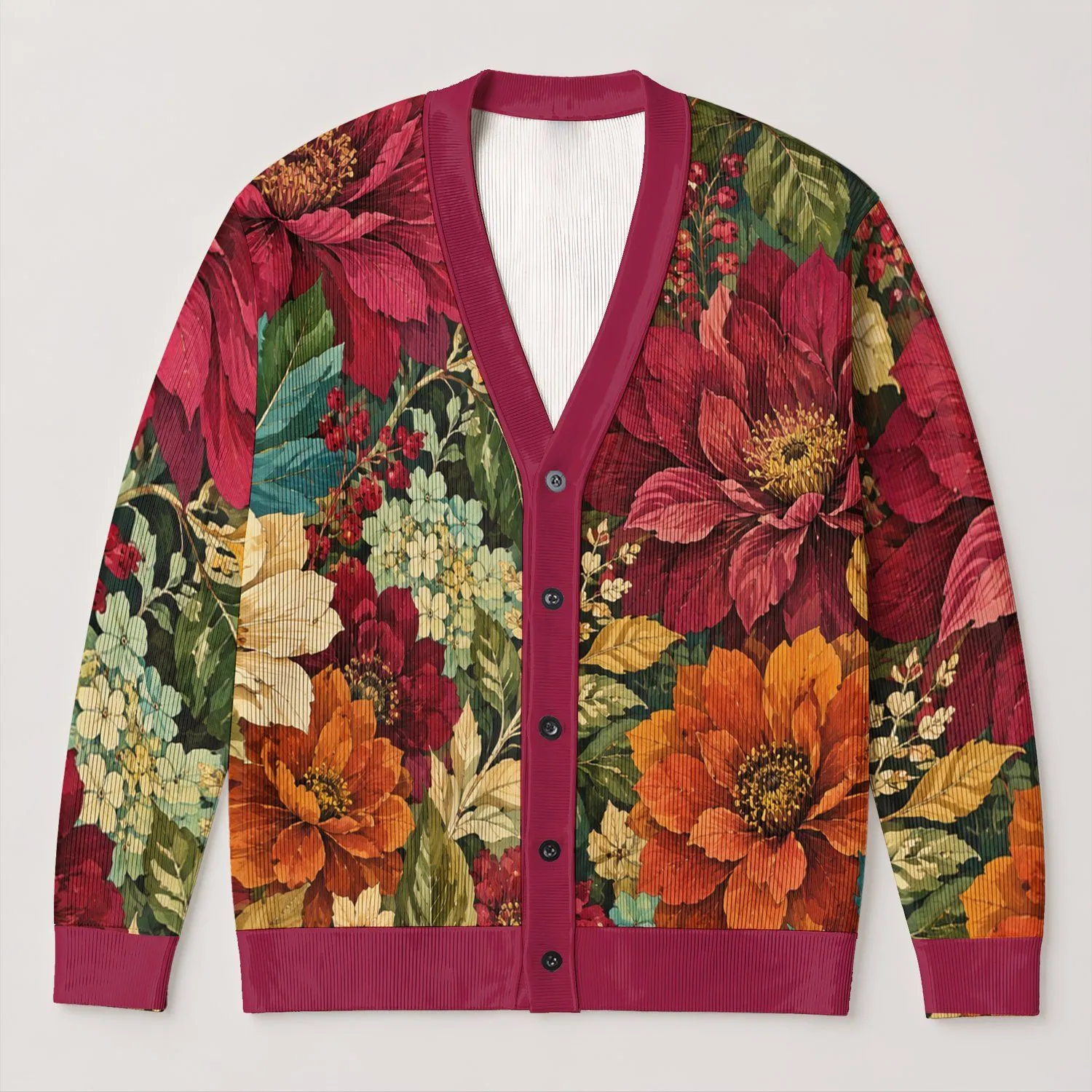 Autumn Botanical Flowers And Foliage For Colorful Everyday Layering All-over Print Knitted Cardigan - 1