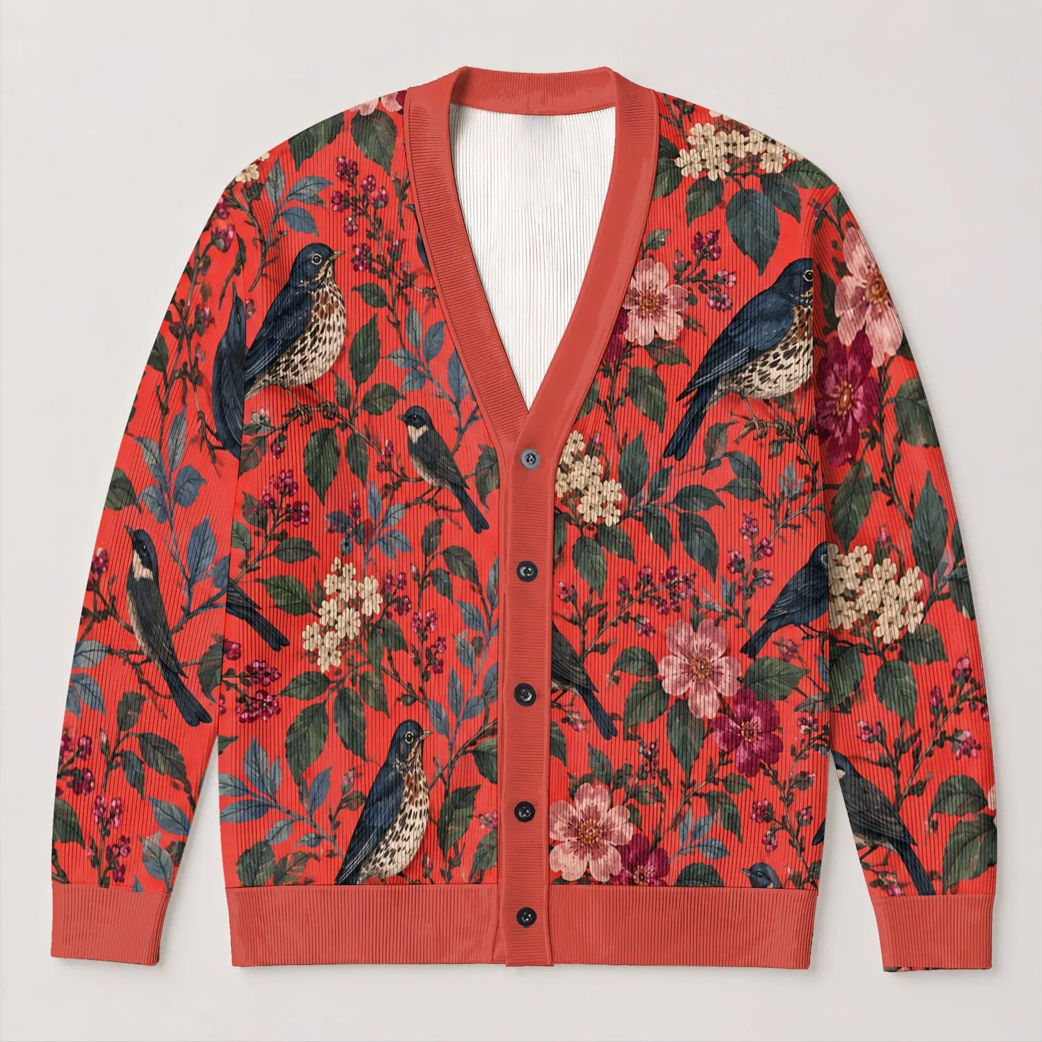 Coral Garden Birds And Botanical Foliage For Relaxed Everyday Nature Lovers All-over Print Knitted Cardigan - 1