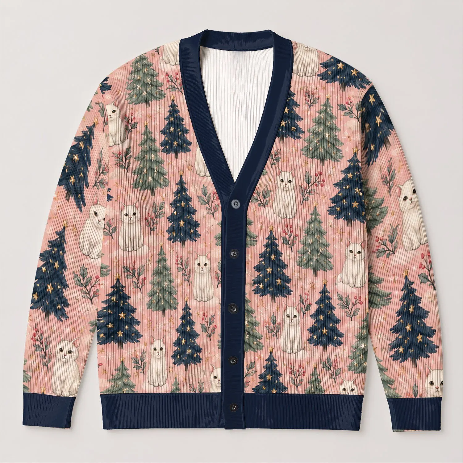Cozy Winter Cats And Evergreen Trees For Festive Everyday Layering All-over Print Knitted Cardigan - 1