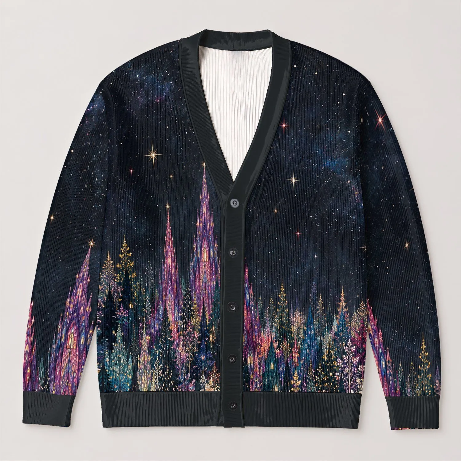 Colorful Celestial Woodland Nightscape for Cozy Winter Evenings and Everyday Layering All-over Print Knitted Cardigan - 1