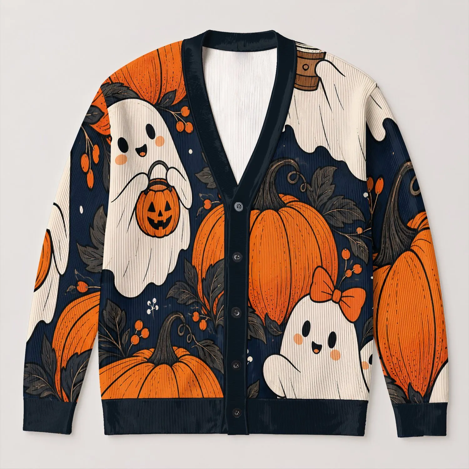 Cute Ghosts And Pumpkins For Halloween Celebrations And Cozy Autumn Days For Women All-over Print Knitted Cardigan - 1