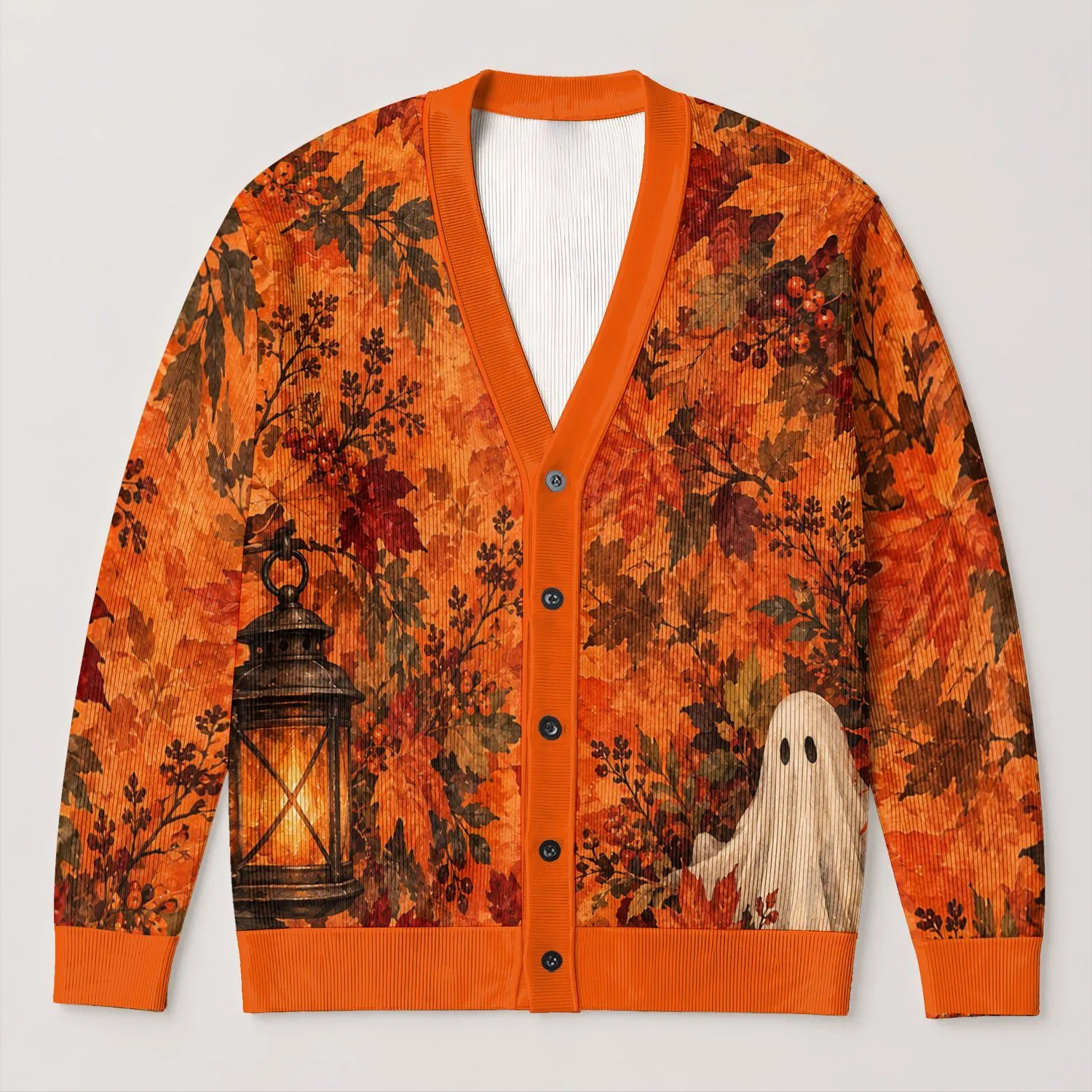 Autumn Lantern And Friendly Ghost For Halloween Gatherings And Cozy Fall Days Outdoors All-over Print Knitted Cardigan - 1