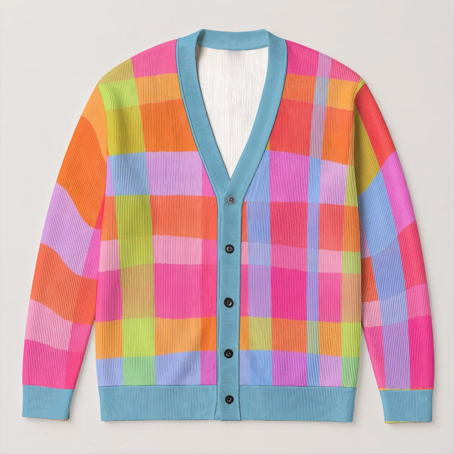 Pastel Rainbow Checks for Cozy Autumn Layering and Bright Everyday Women's Style All-over Print Knitted Cardigan - 1