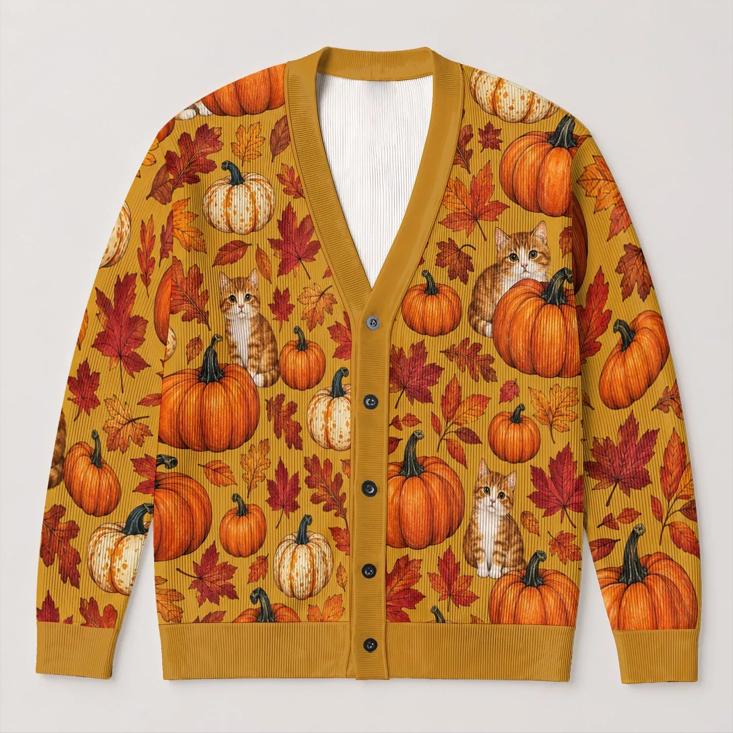 Pumpkin Cat And Maple Leaves For Cozy Autumn Days And Fall Outings All-over Print Knitted Cardigan - 1