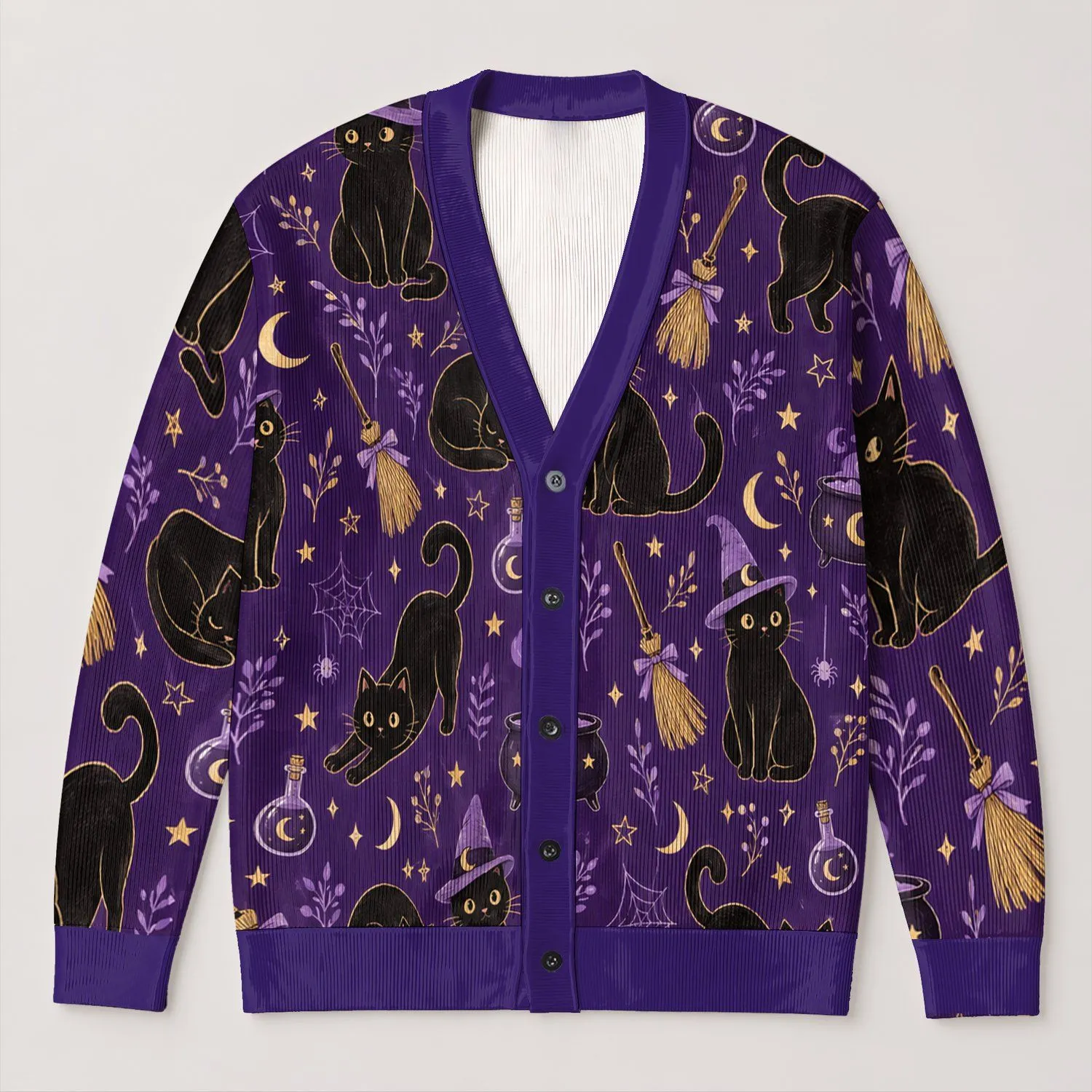 Black Cat Witchcraft Motifs for Cozy Halloween Nights and Everyday Autumn Layering All-over Print Knitted Cardigan - 1